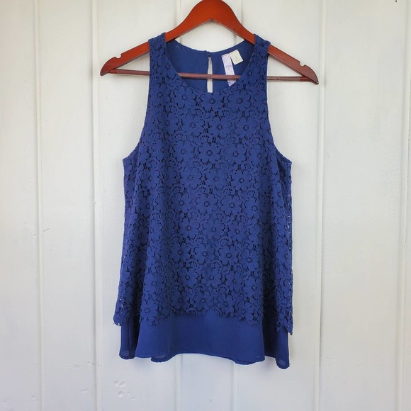 Alya Tops - Alya  Navy Blue Floral  Lace Flowy Sleeveless Lined Top Womens Size Small